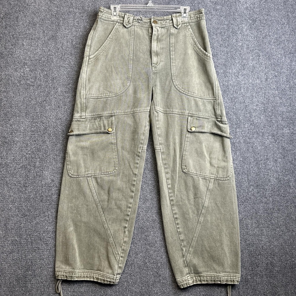 Free People Cargo Pants Womens M Green Cotton Twill Utility Relaxed Fit Wide Leg